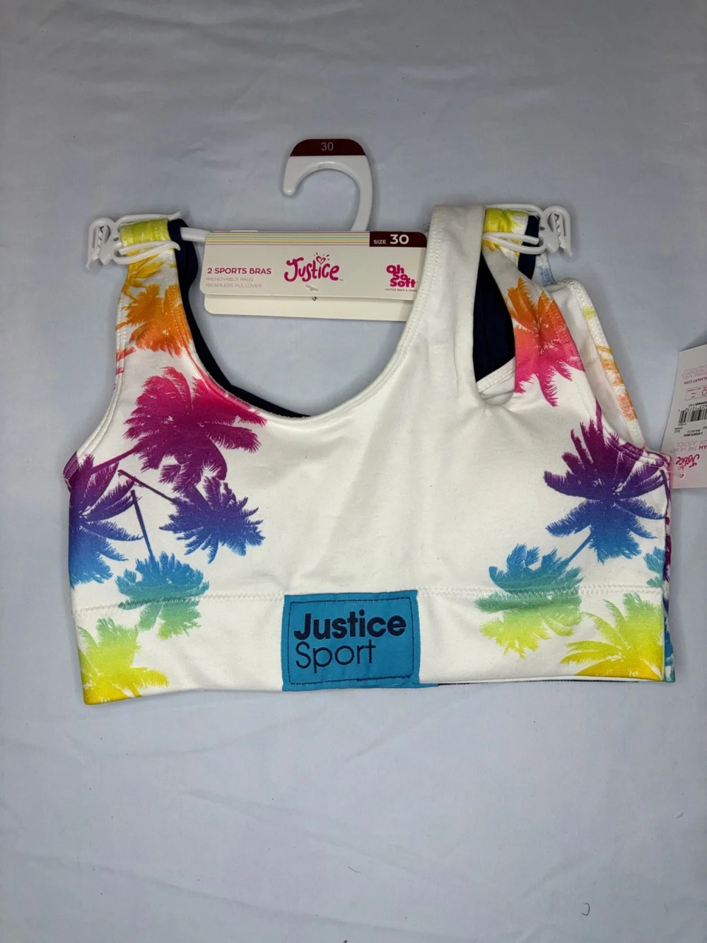 Justice Palm-Print Sports Bra White with Multicolor Blue Size 30 Padded